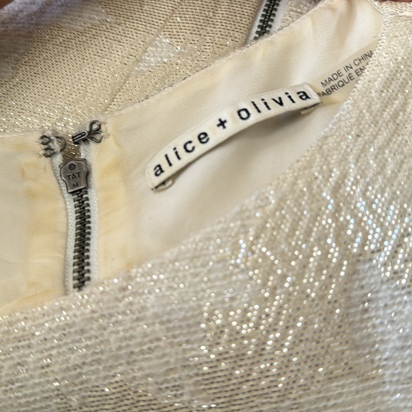 ALICE + OLIVIA ivory silver metallic Mea jacquard fit and flare mini dress 6 8 - Picture 2 of 4